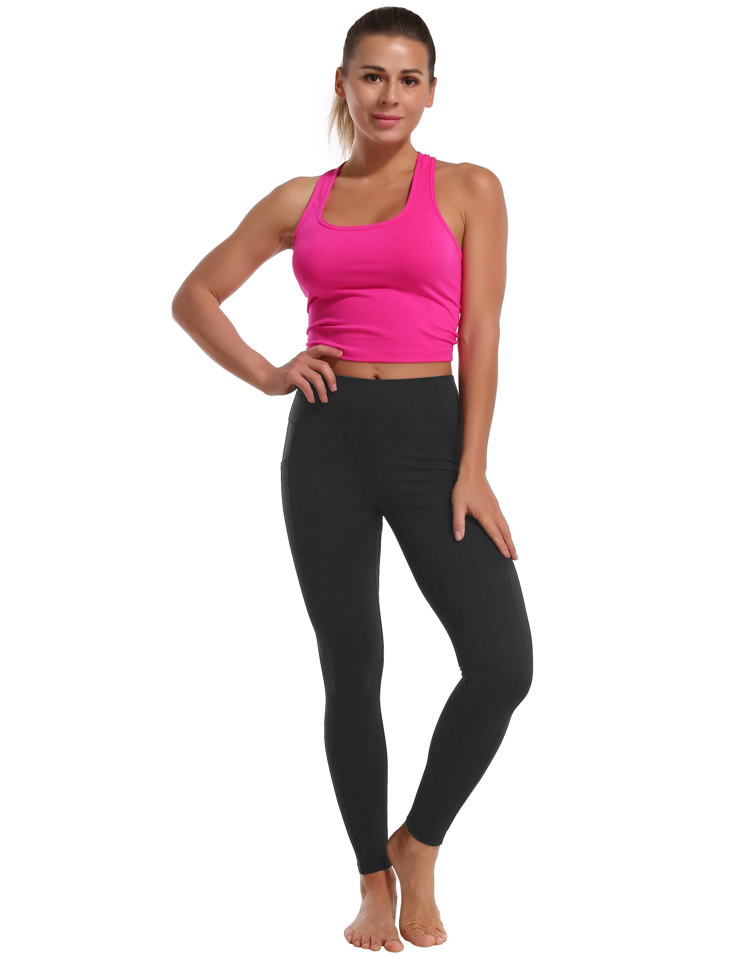 High Waisted Plus Size Pants 7/8 Length Leggings with Pockets charcoalgrey_Plus Size