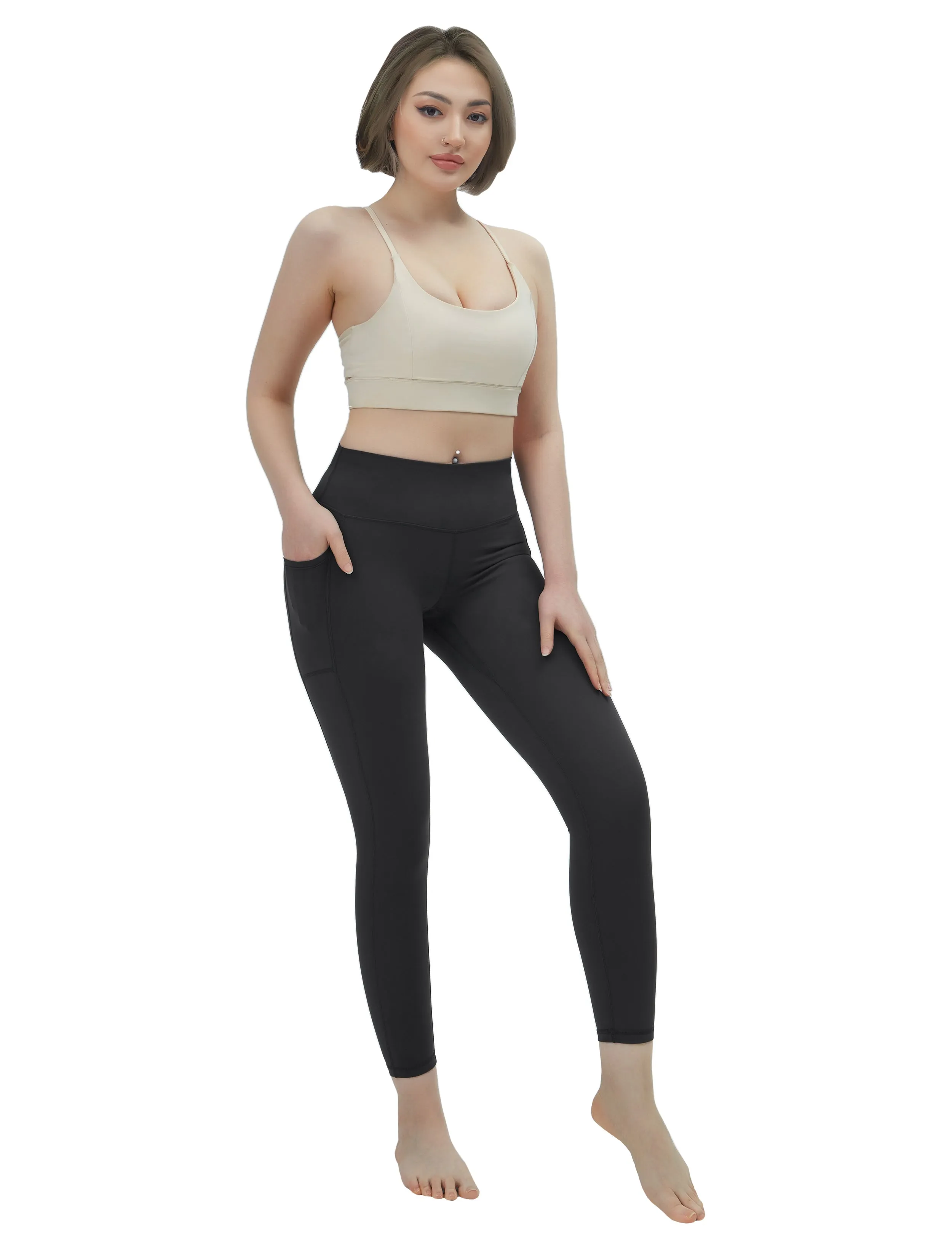 High Waisted Plus Size Pants 7/8 Length Leggings with Pockets charcoalgrey_Plus Size