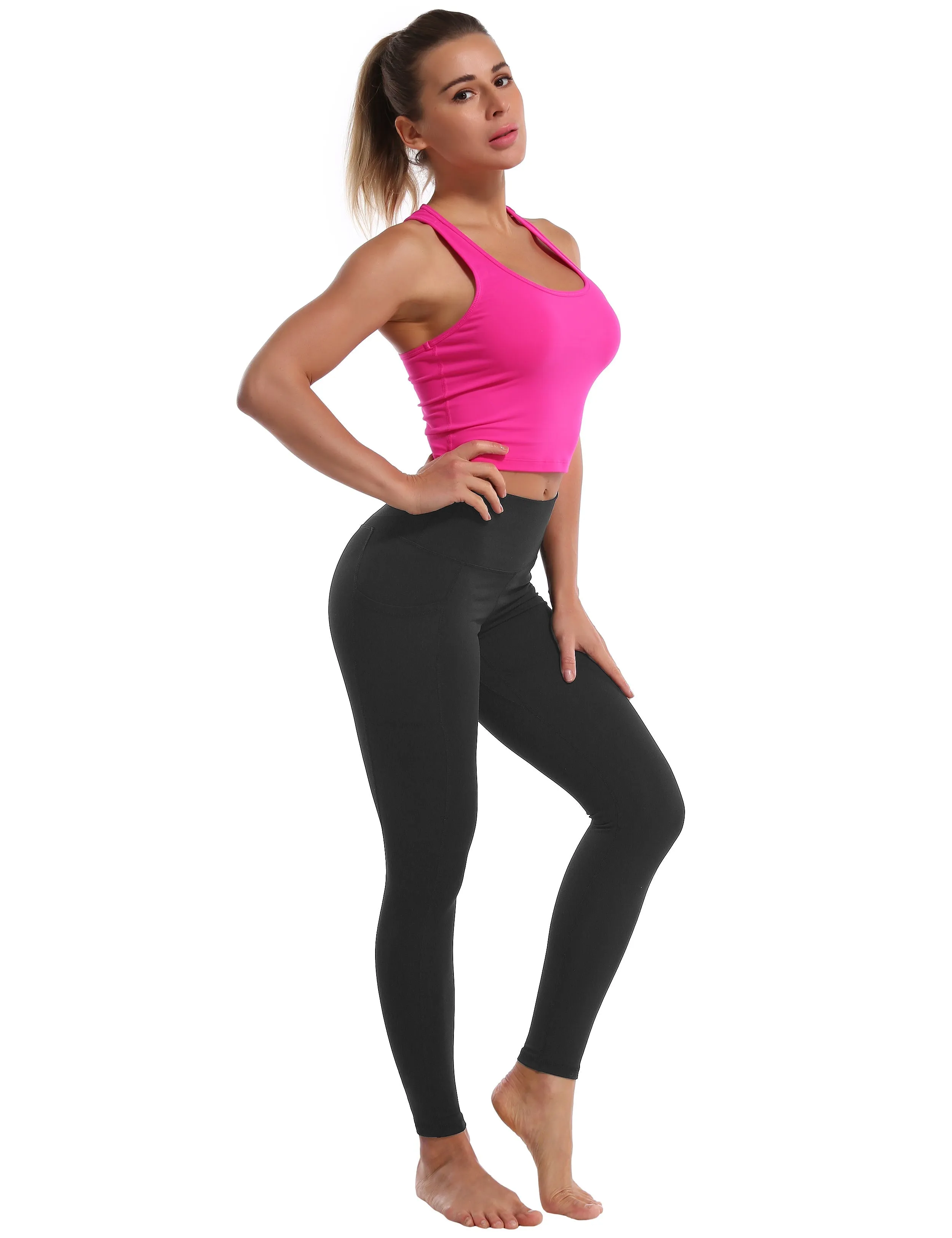 High Waisted Plus Size Pants 7/8 Length Leggings with Pockets charcoalgrey_Plus Size
