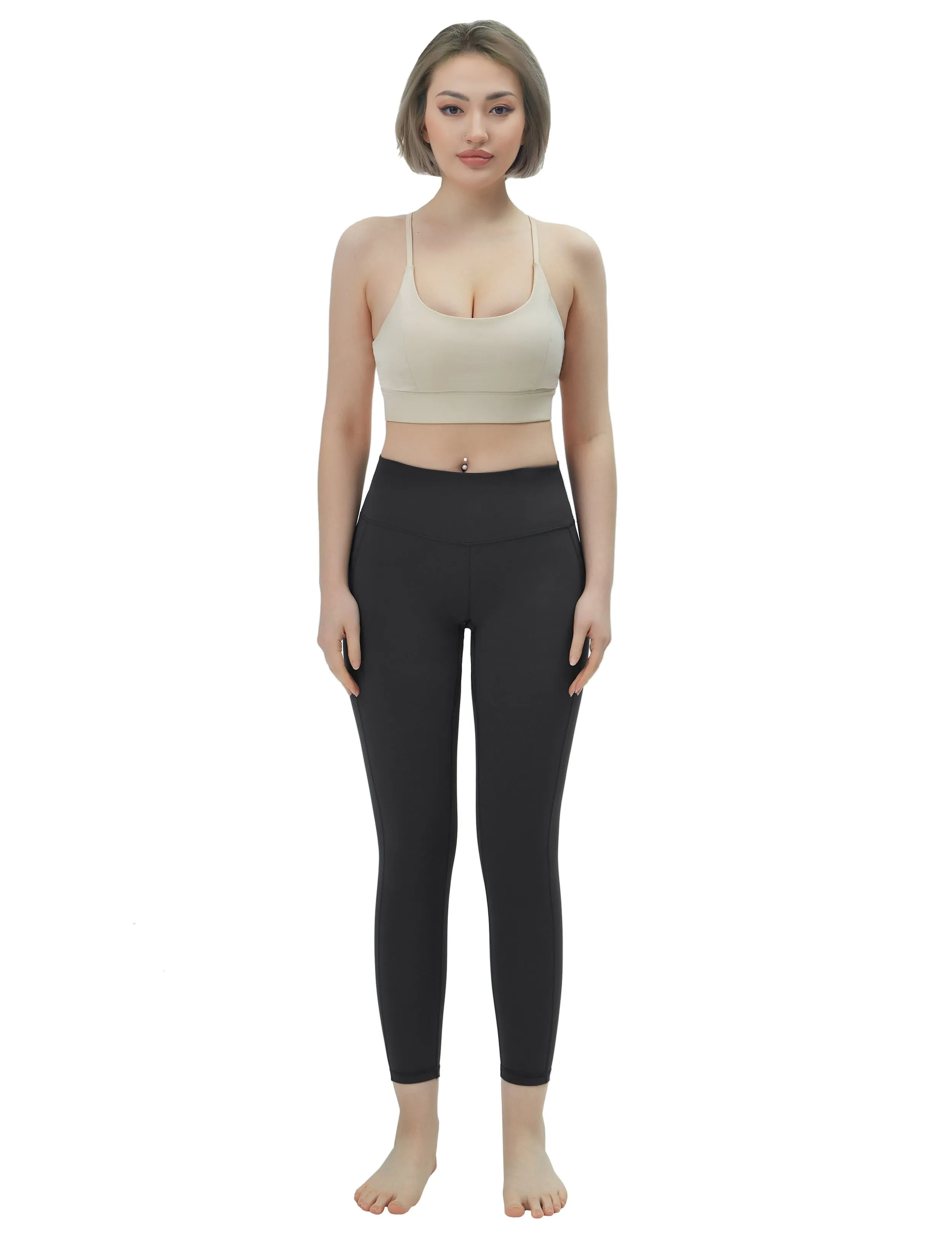 High Waisted Plus Size Pants 7/8 Length Leggings with Pockets charcoalgrey_Plus Size
