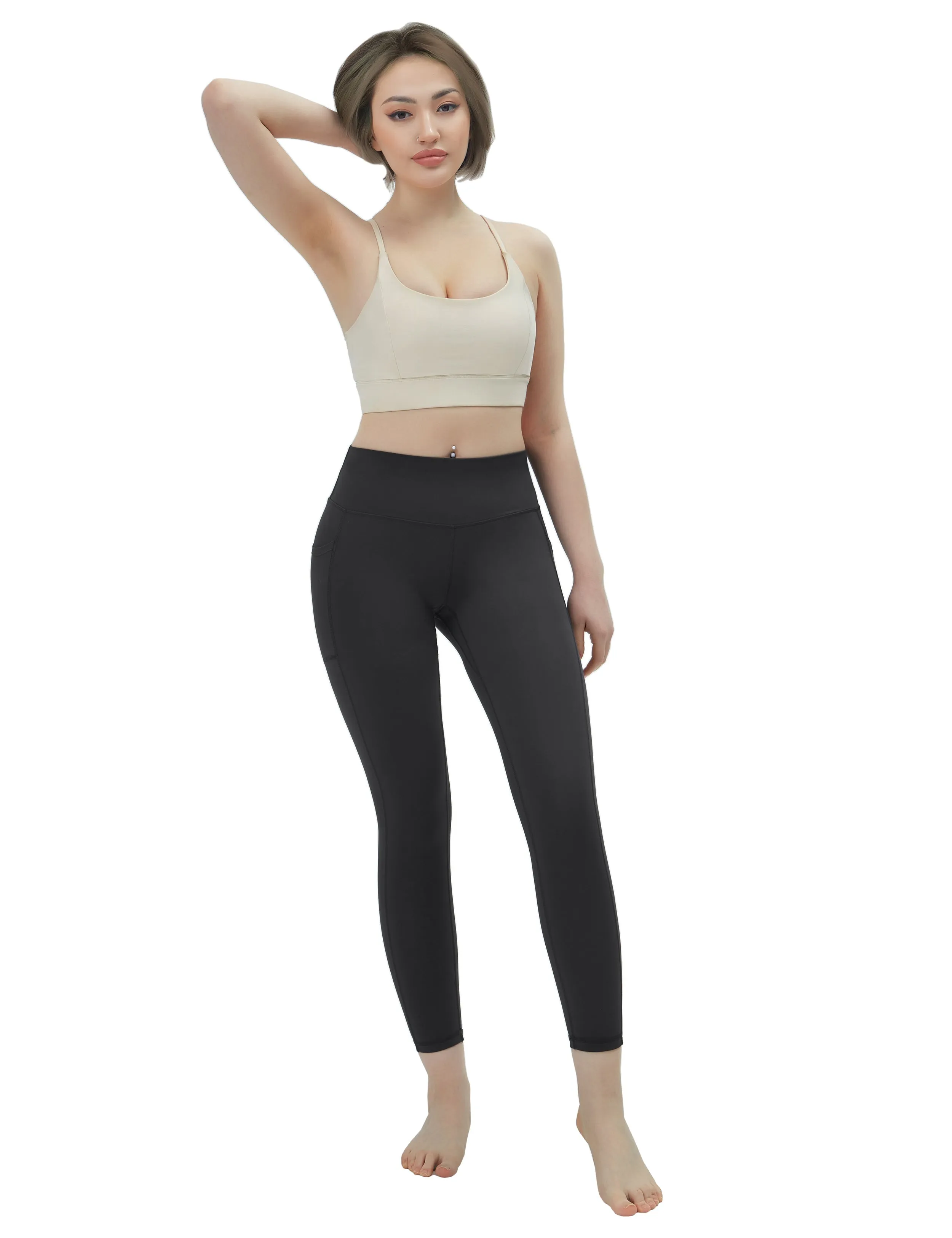 High Waisted Plus Size Pants 7/8 Length Leggings with Pockets charcoalgrey_Plus Size