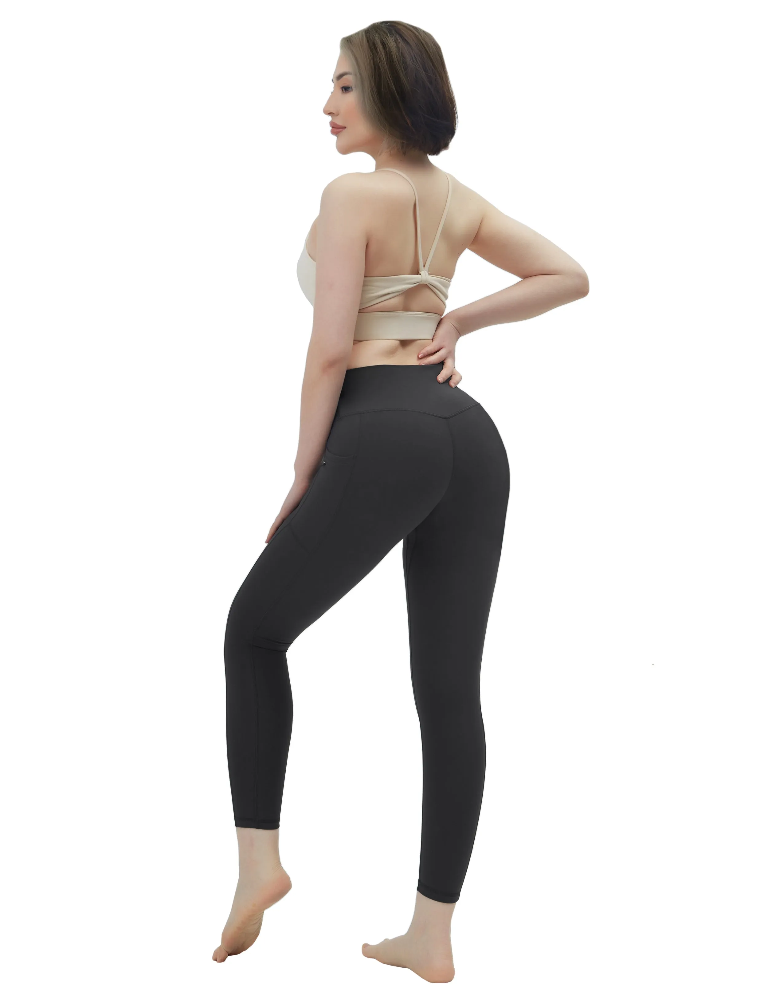 High Waisted Tall Size Pants 7/8 Length Leggings with Pockets charcoalgrey_Tall Size