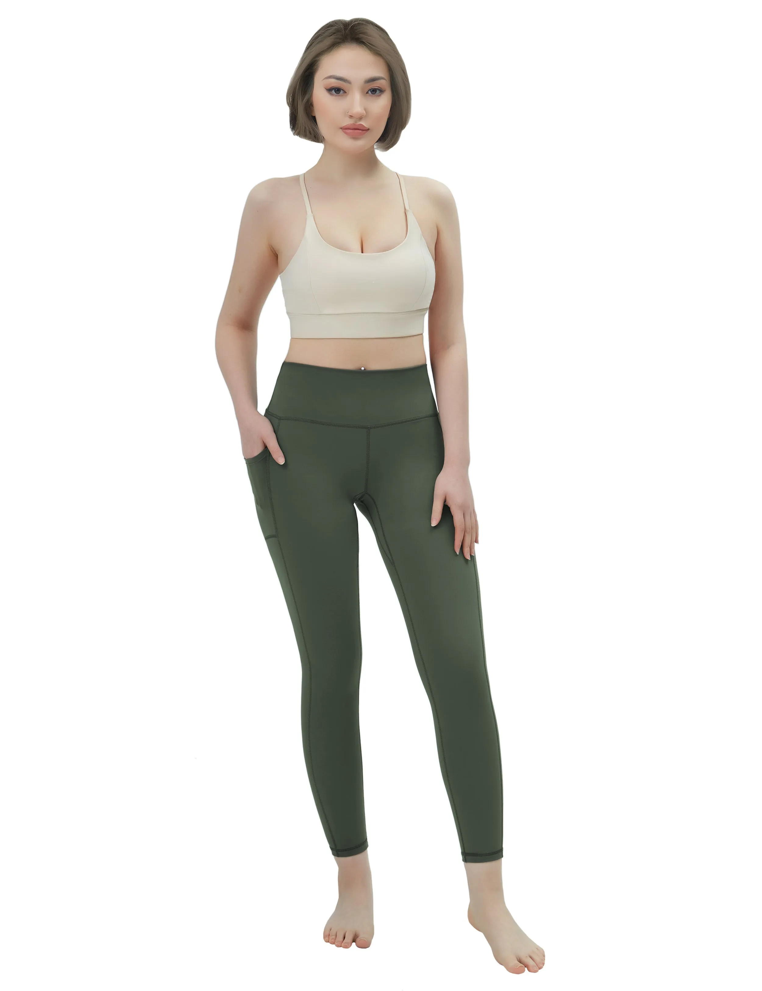 High Waisted Tall Size Pants 7/8 Length Leggings with Pockets olivegreen_Tall Size