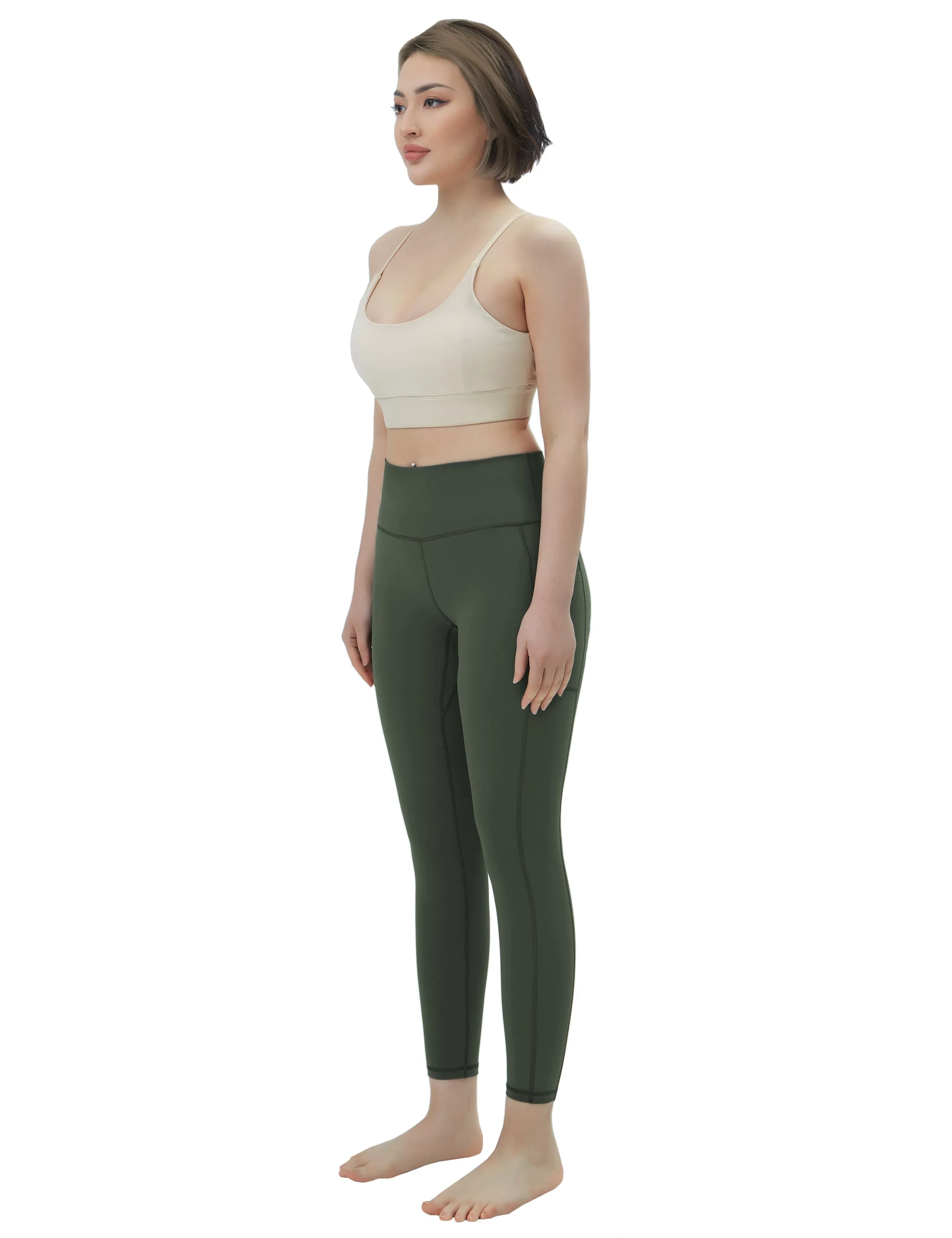 High Waisted Tall Size Pants 7/8 Length Leggings with Pockets olivegreen_Tall Size