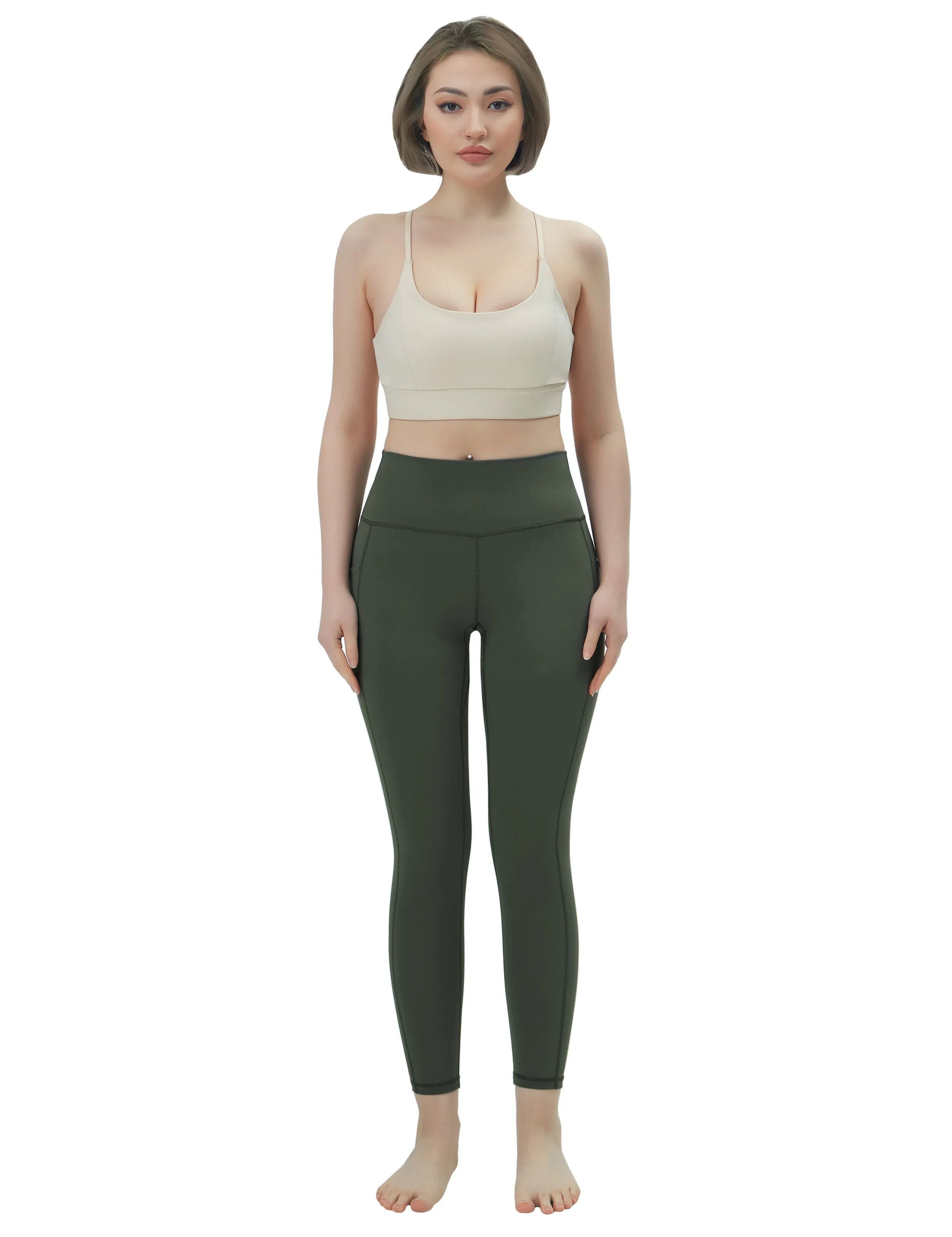 High Waisted Tall Size Pants 7/8 Length Leggings with Pockets olivegreen_Tall Size