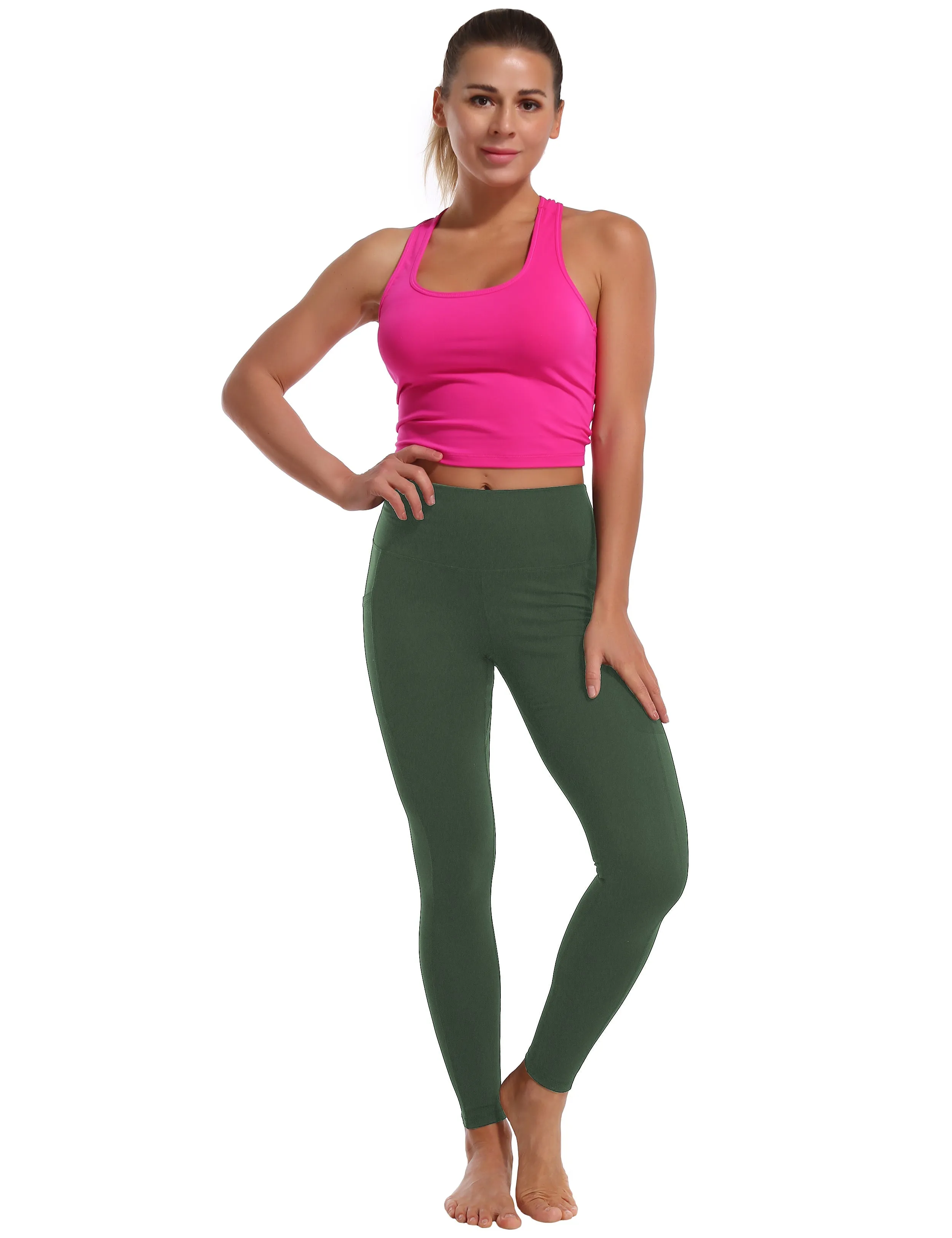 High Waisted Tall Size Pants 7/8 Length Leggings with Pockets olivegreen_Tall Size