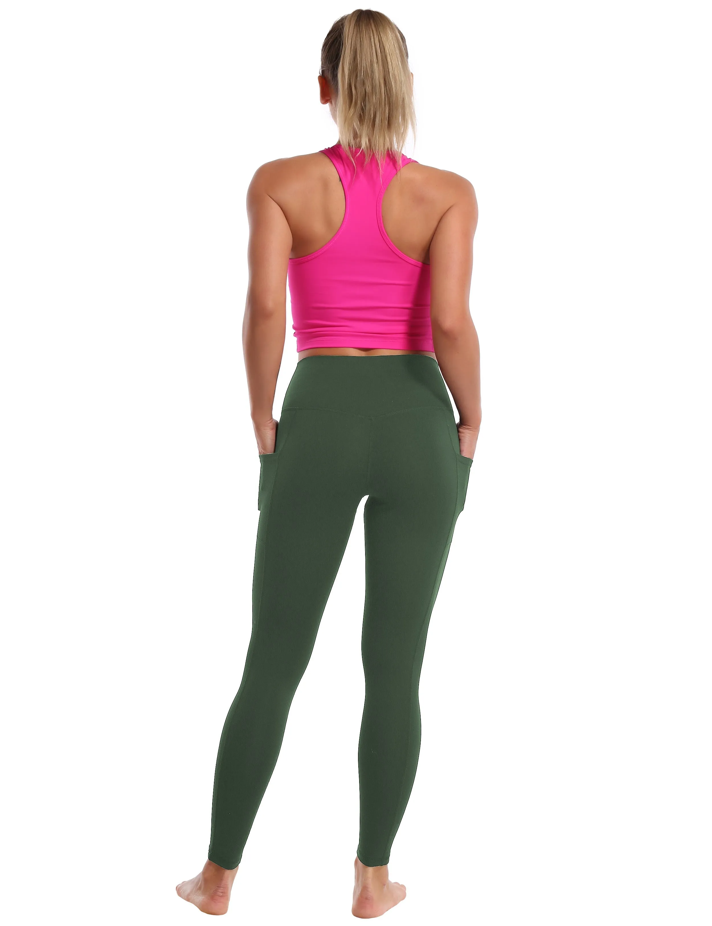 High Waisted Tall Size Pants 7/8 Length Leggings with Pockets olivegreen_Tall Size