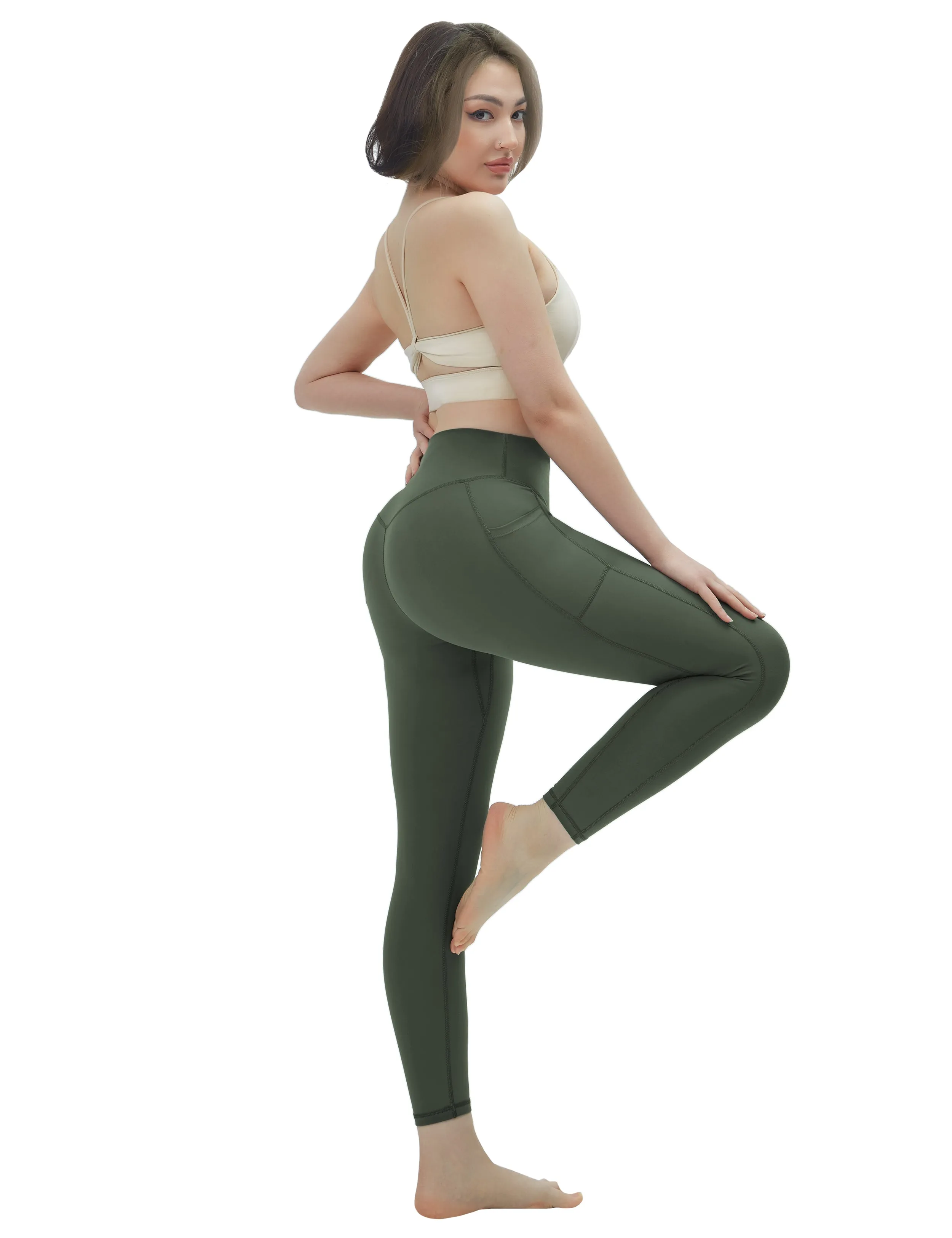 High Waisted Tall Size Pants 7/8 Length Leggings with Pockets olivegreen_Tall Size