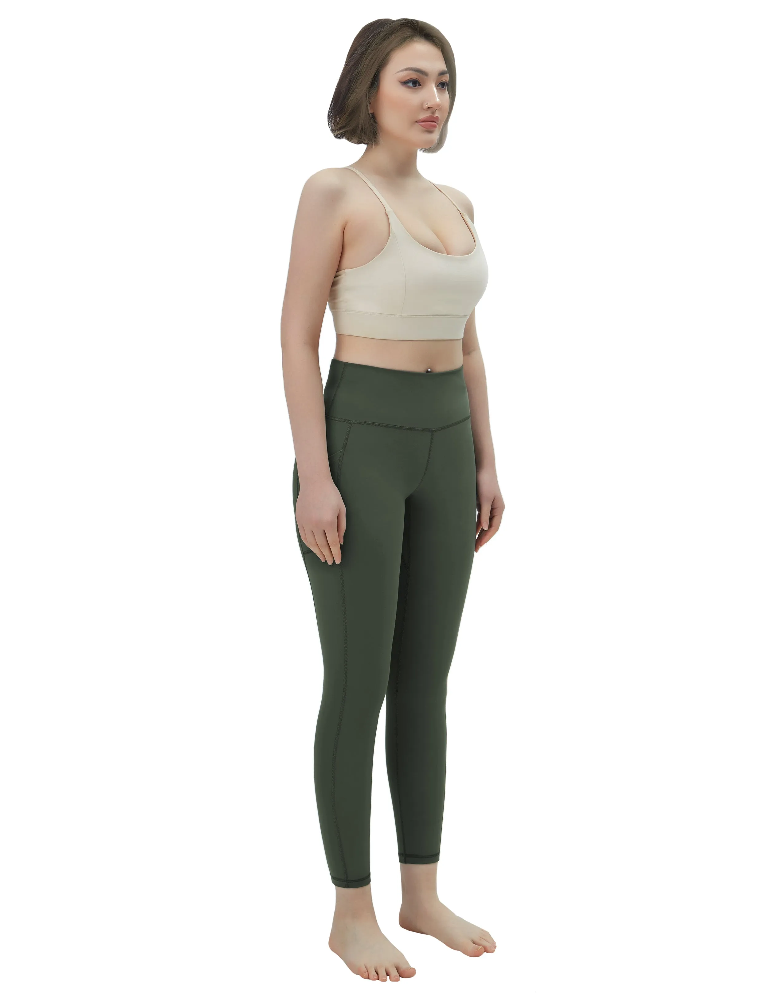 High Waisted Tall Size Pants 7/8 Length Leggings with Pockets olivegreen_Tall Size