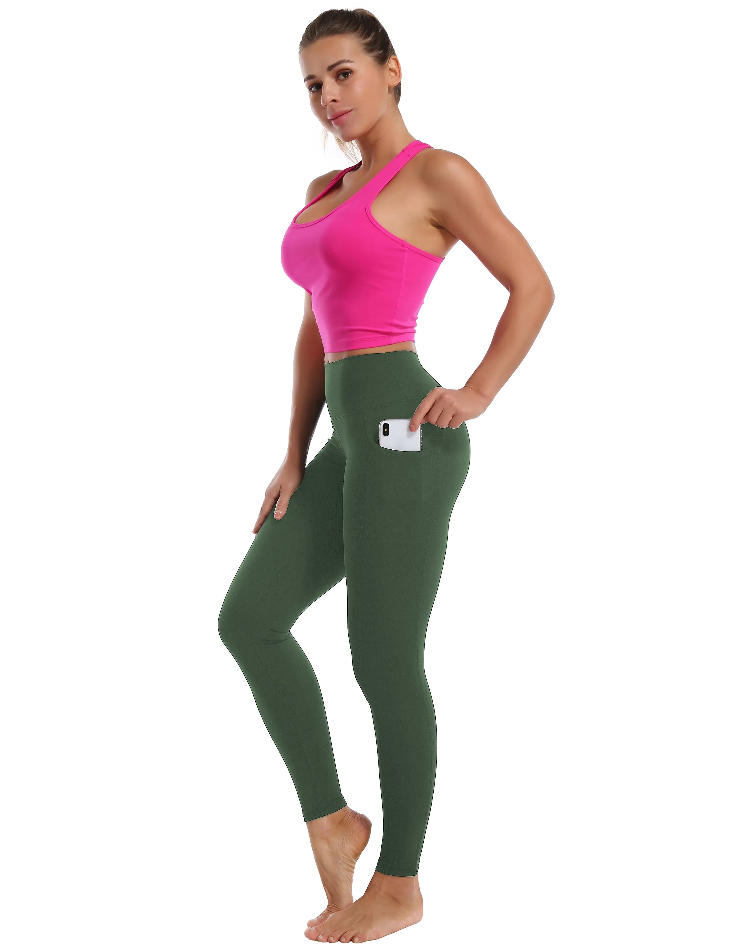 High Waisted Tall Size Pants 7/8 Length Leggings with Pockets olivegreen_Tall Size