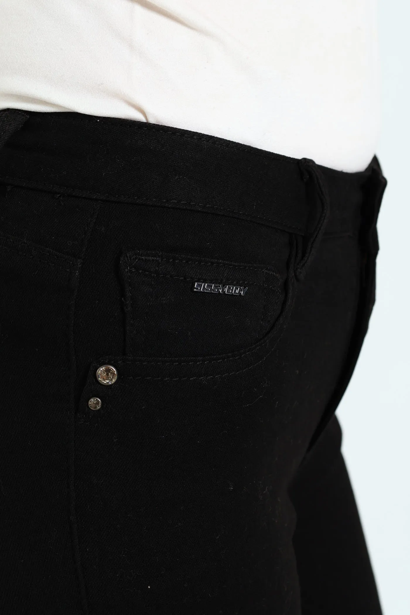 Mid Waist Skinny Denim With Wings On Pockets - Black