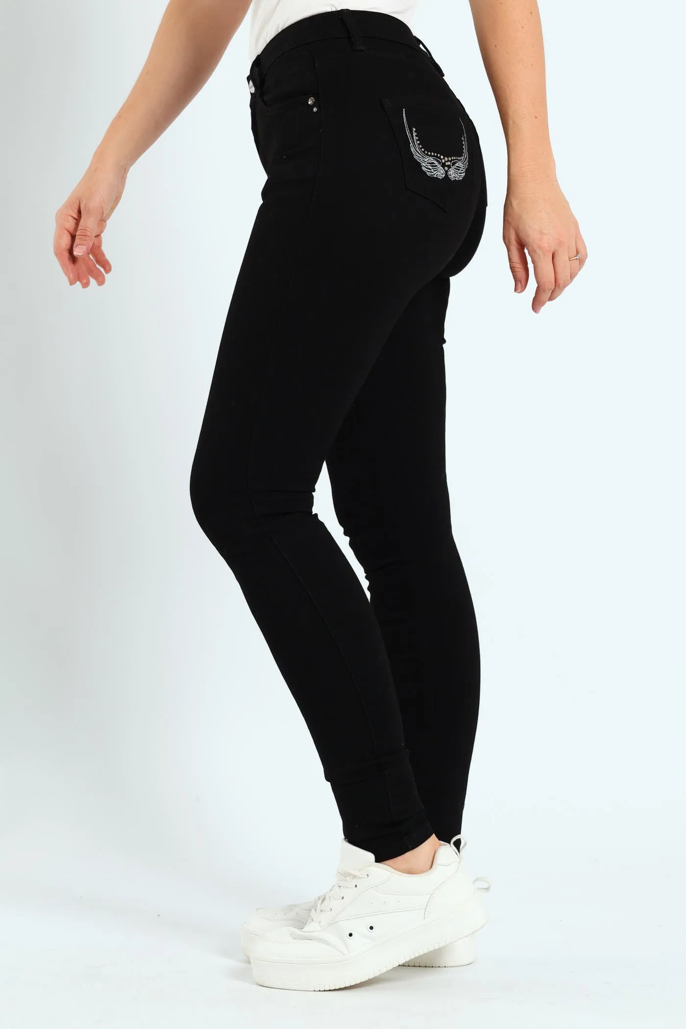 Mid Waist Skinny Denim With Wings On Pockets - Black