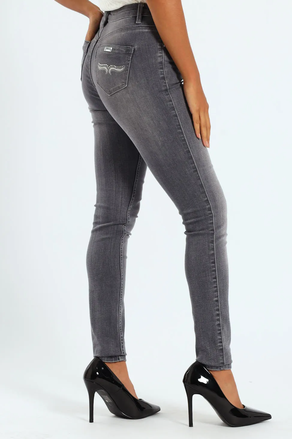 Mid Waist Skinny Jean With Horn Embroidery On Pockets - Grey