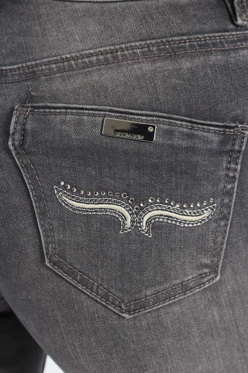Mid Waist Skinny Jean With Horn Embroidery On Pockets - Grey