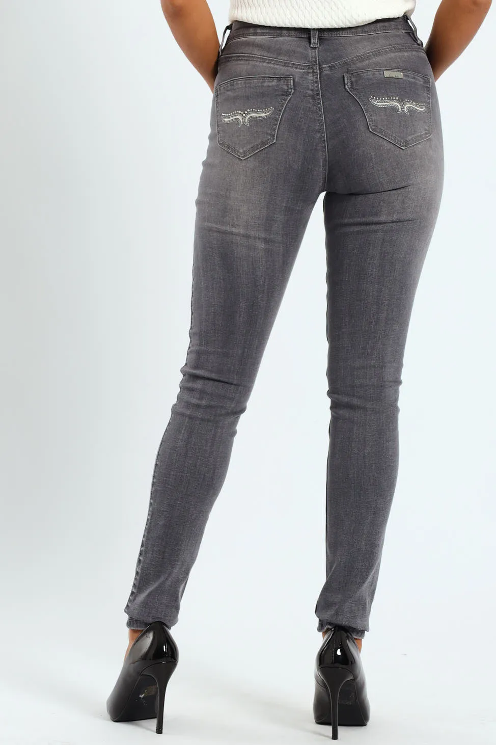 Mid Waist Skinny Jean With Horn Embroidery On Pockets - Grey