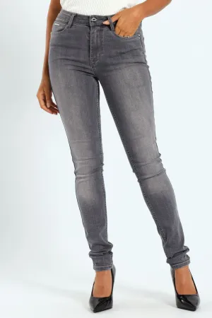 Mid Waist Skinny Jean With Horn Embroidery On Pockets - Grey