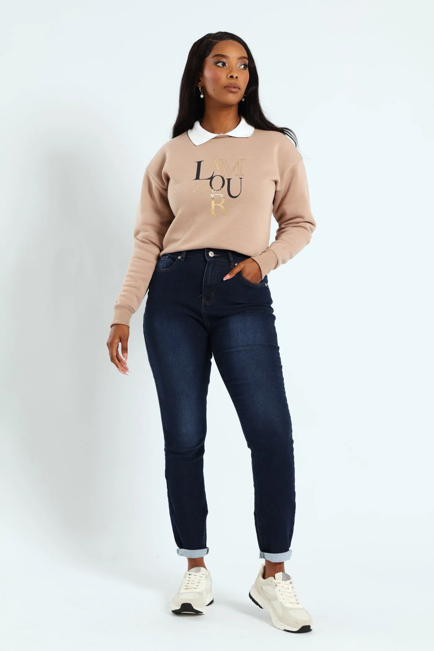 Roll Hem Knit Denim Skinny Leg Jean - Dark Wash