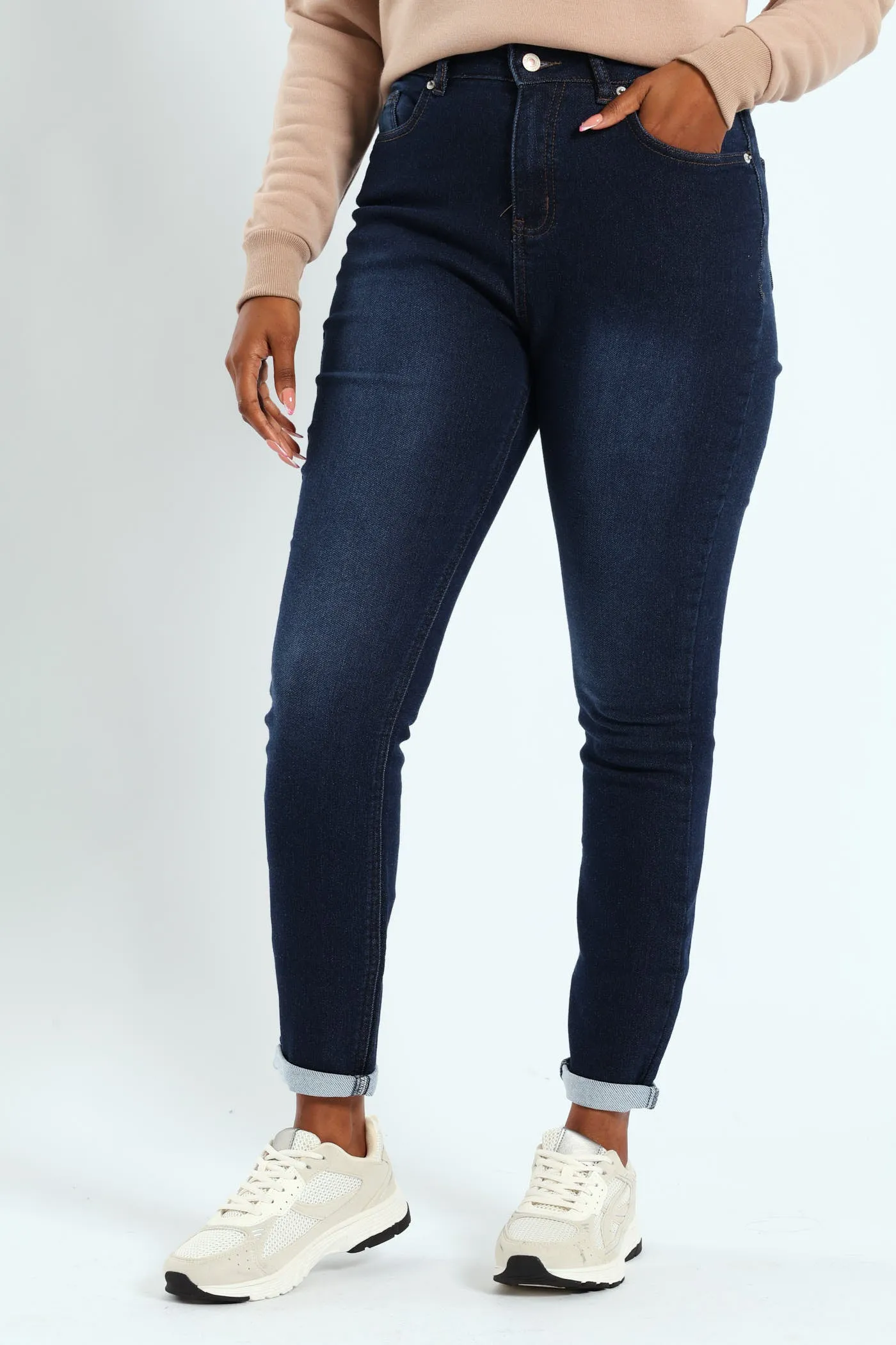 Roll Hem Knit Denim Skinny Leg Jean - Dark Wash