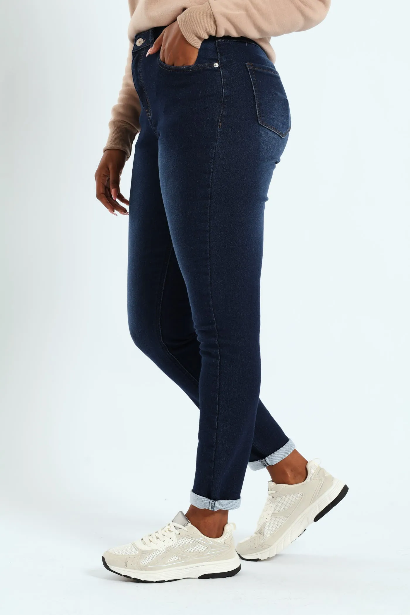 Roll Hem Knit Denim Skinny Leg Jean - Dark Wash