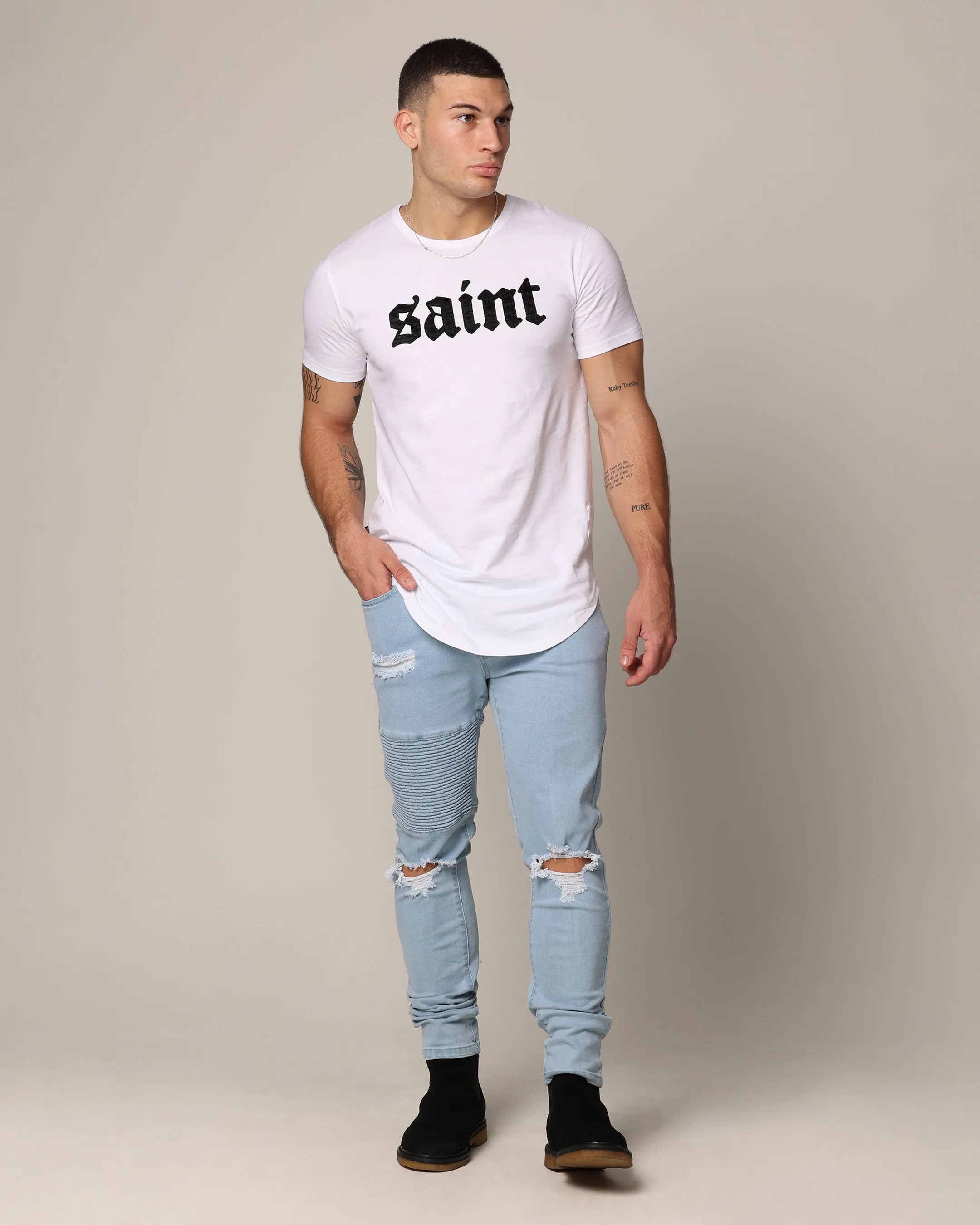Saint Morta Men's Index Distressed Biker Jeans Light Blue