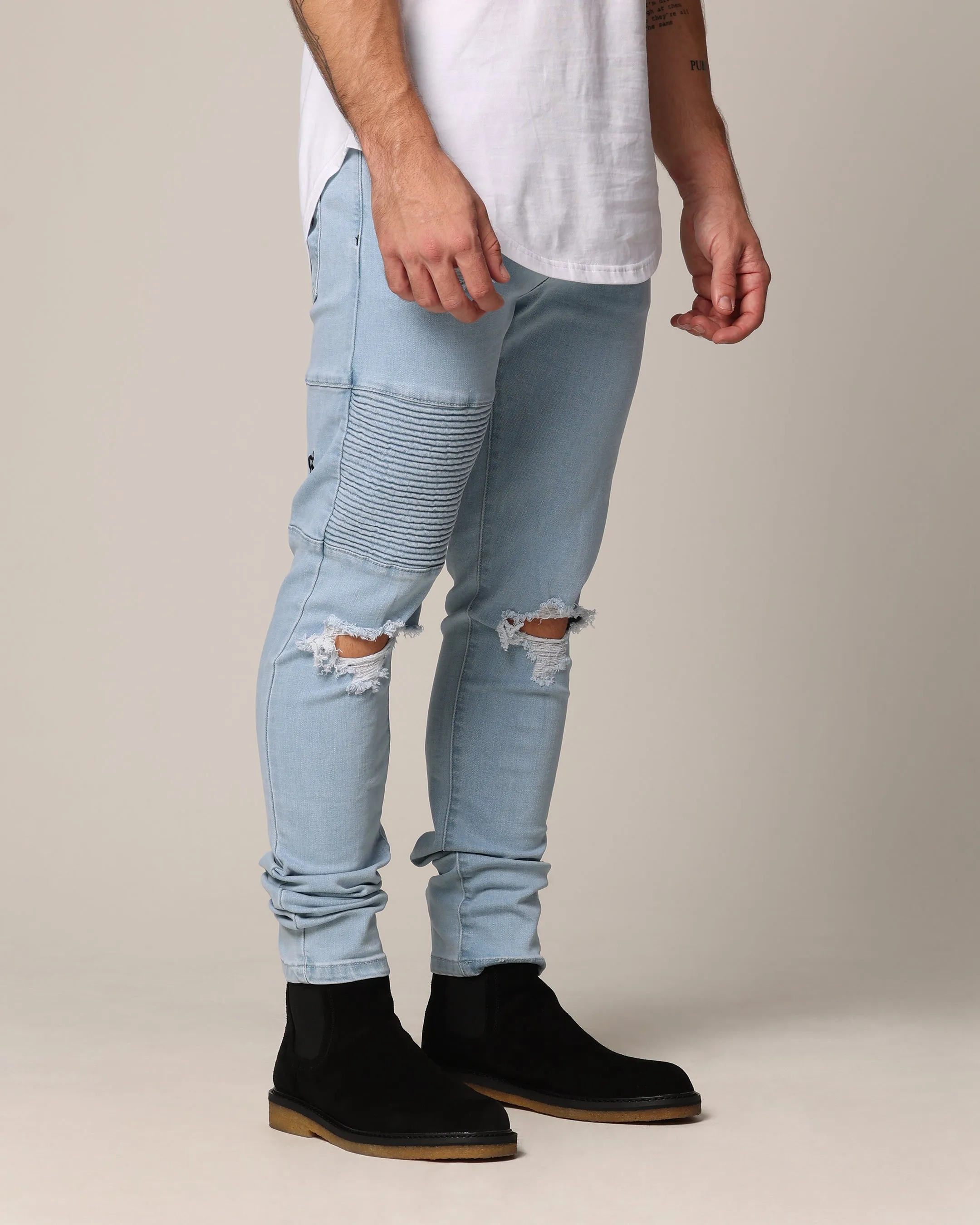 Saint Morta Men's Index Distressed Biker Jeans Light Blue